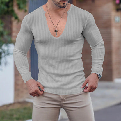 Herren Langarm-Shirt V-Ausschnitt Strukturiert Modern Trendy