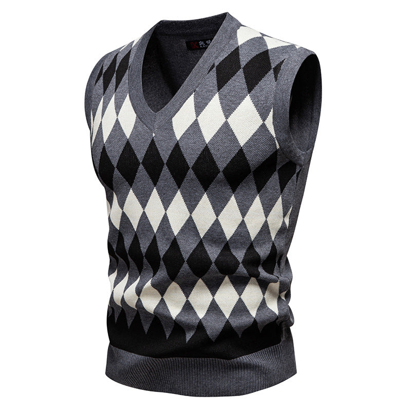 Herren Ärmelloser Pullover Rautenmuster V-Ausschnitt Modern