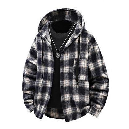 Herren Winterjacke Karomuster Kapuze Knöpfe Modern