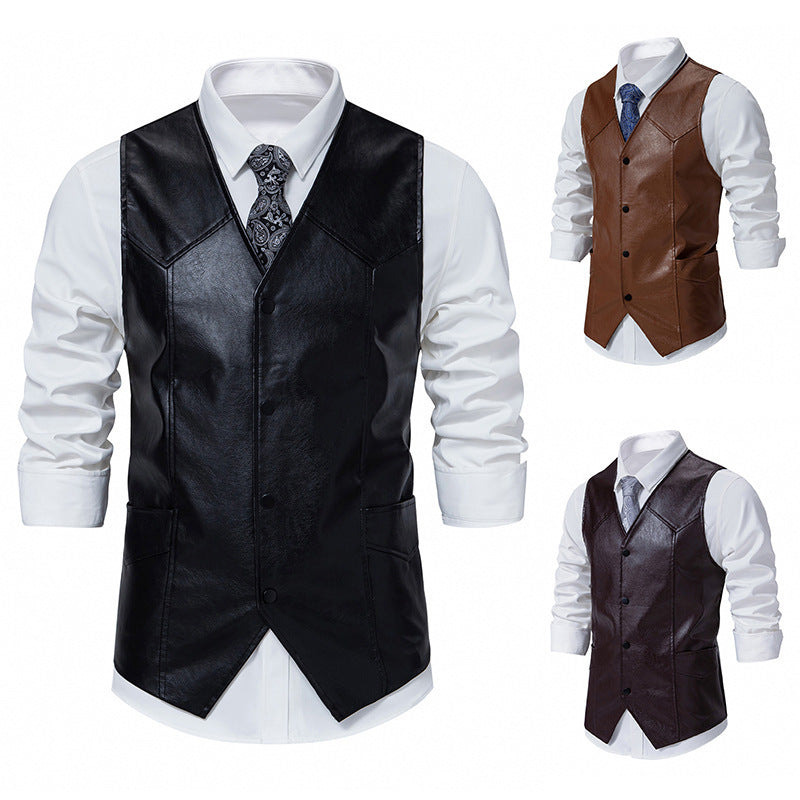 Herren Lederweste Elegant mit Taschen Schwarz Ledermantel