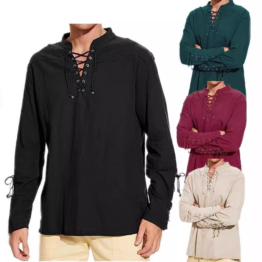 Herren Leinenhemd Langarm Modern Schnürfront Eleganz