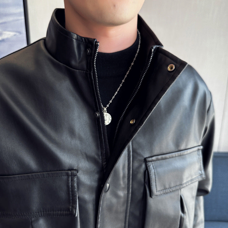 Herren Lederjacke Elegant mit Taschen Schwarz