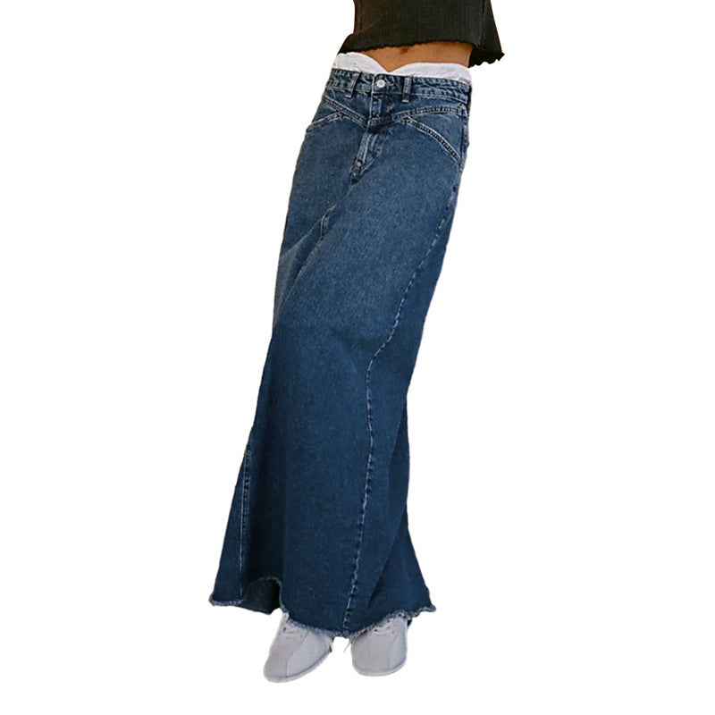 Damen Denim-Rock Hochtailliert mit Taschen Lang