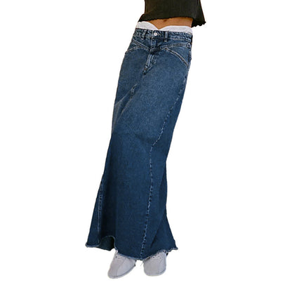 Damen Denim-Rock Hochtailliert mit Taschen Lang