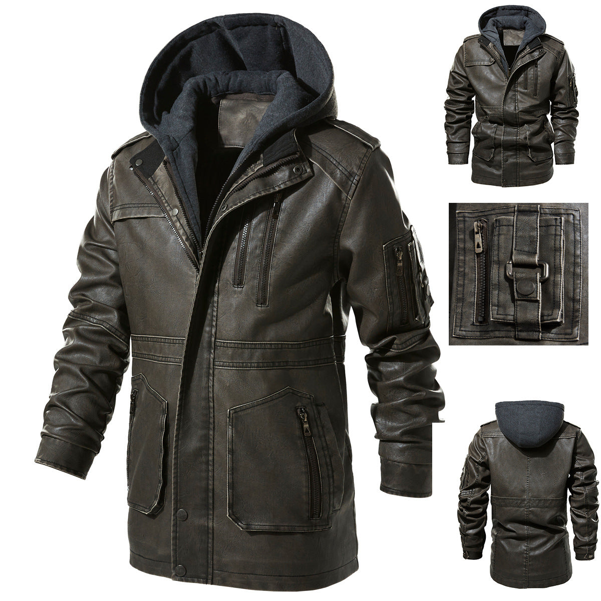 Lederjacke Herren Kunstleder mit Kapuze Schwarz Modern