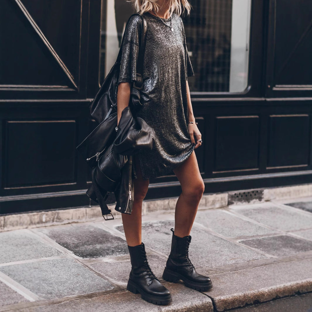 Damenkleid Glitzer Lässig Oversized mit Seitenschlitz