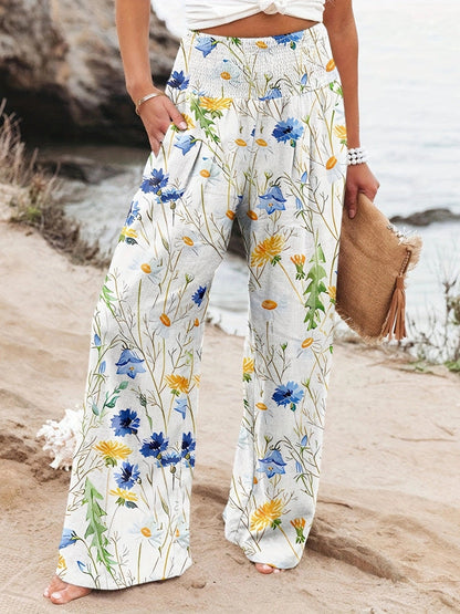 Damen Strandhose Weit Bequem Elastisch Floral