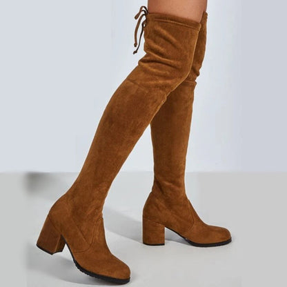 Damen Overknee Stiefel Hoch mit Blockabsatz Schnürsenkel Elegant