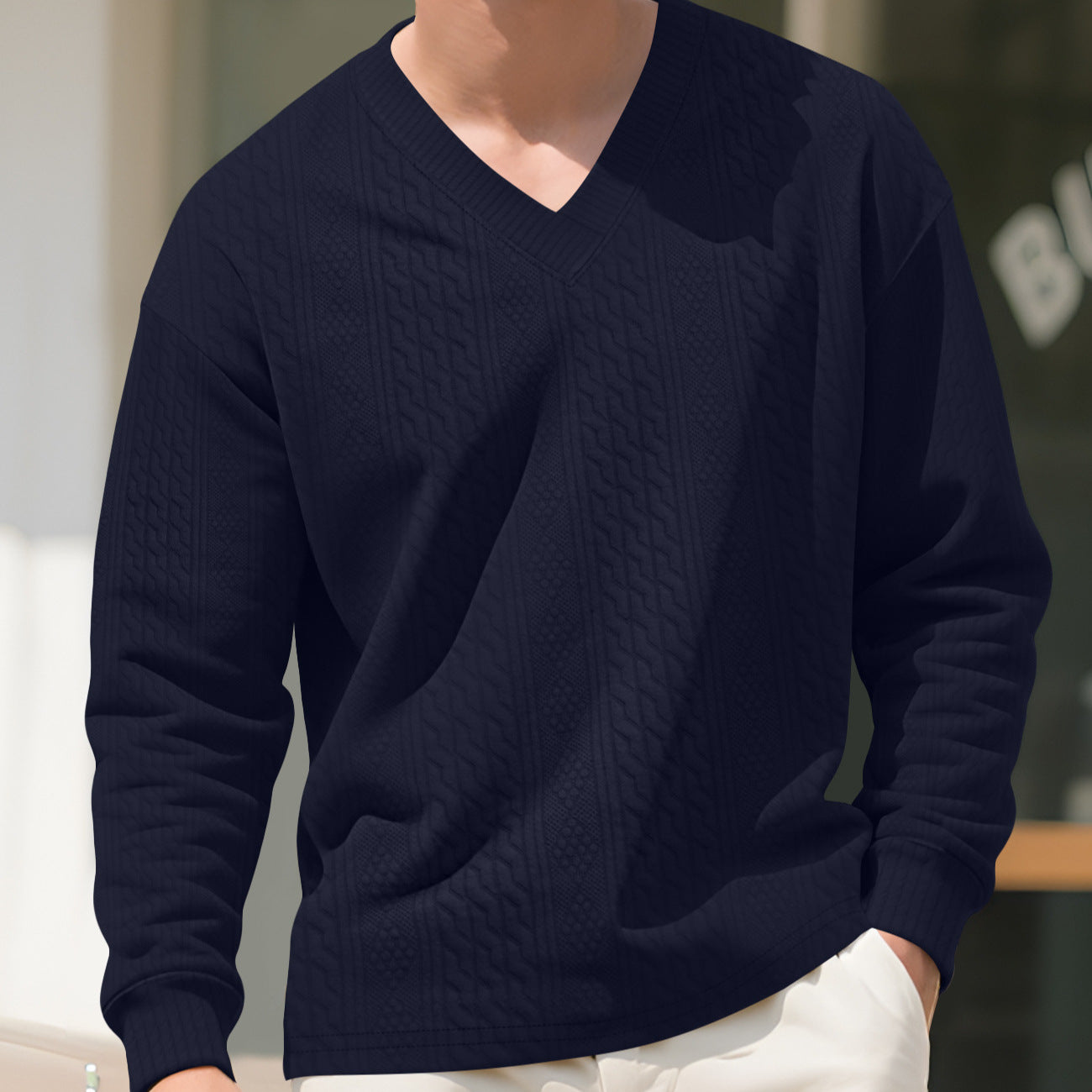 Herren Pullover Strick V-Ausschnitt Struktur Optik