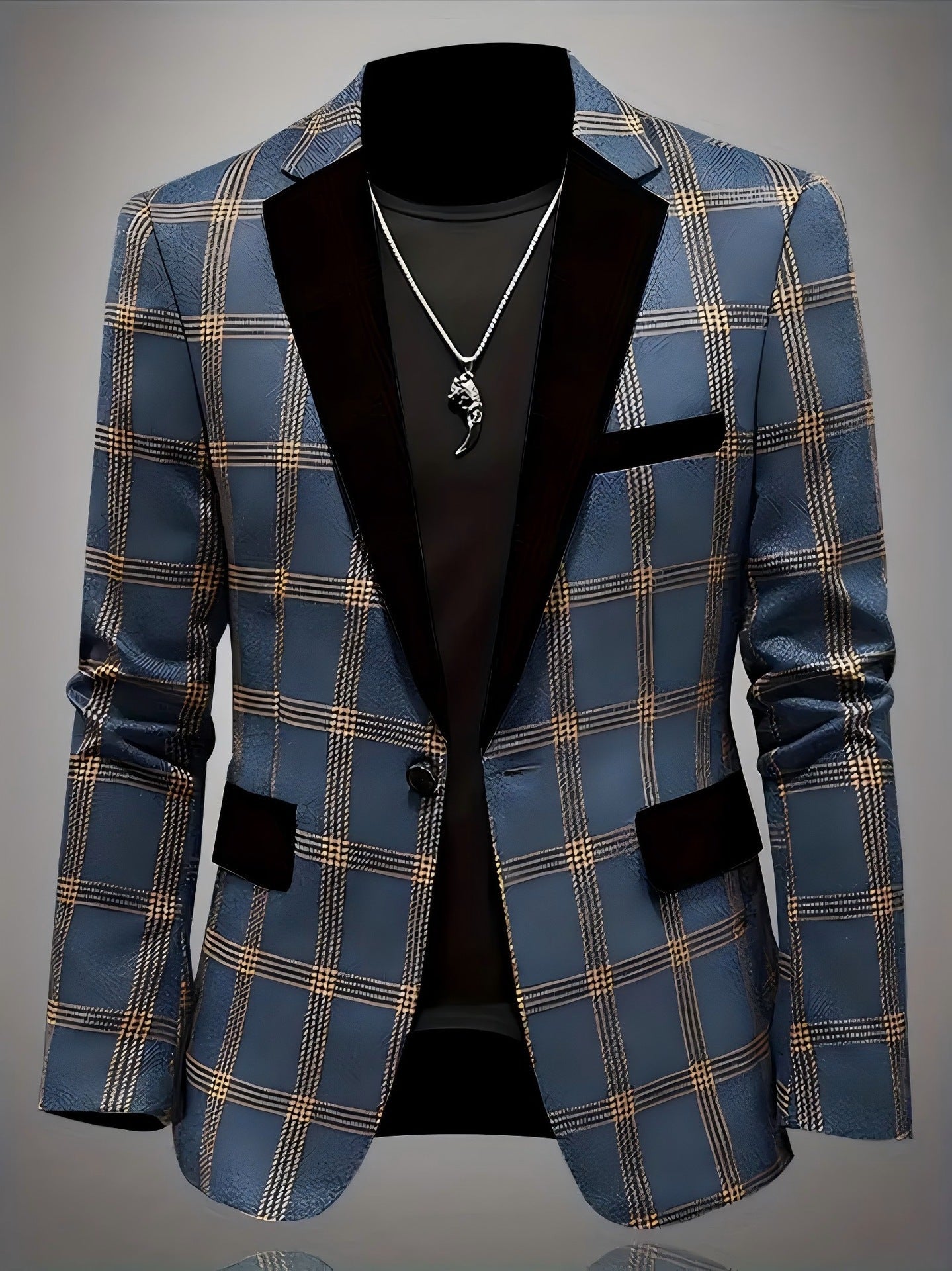 Herren Blazer Karo Elegant Samt Revers Modern