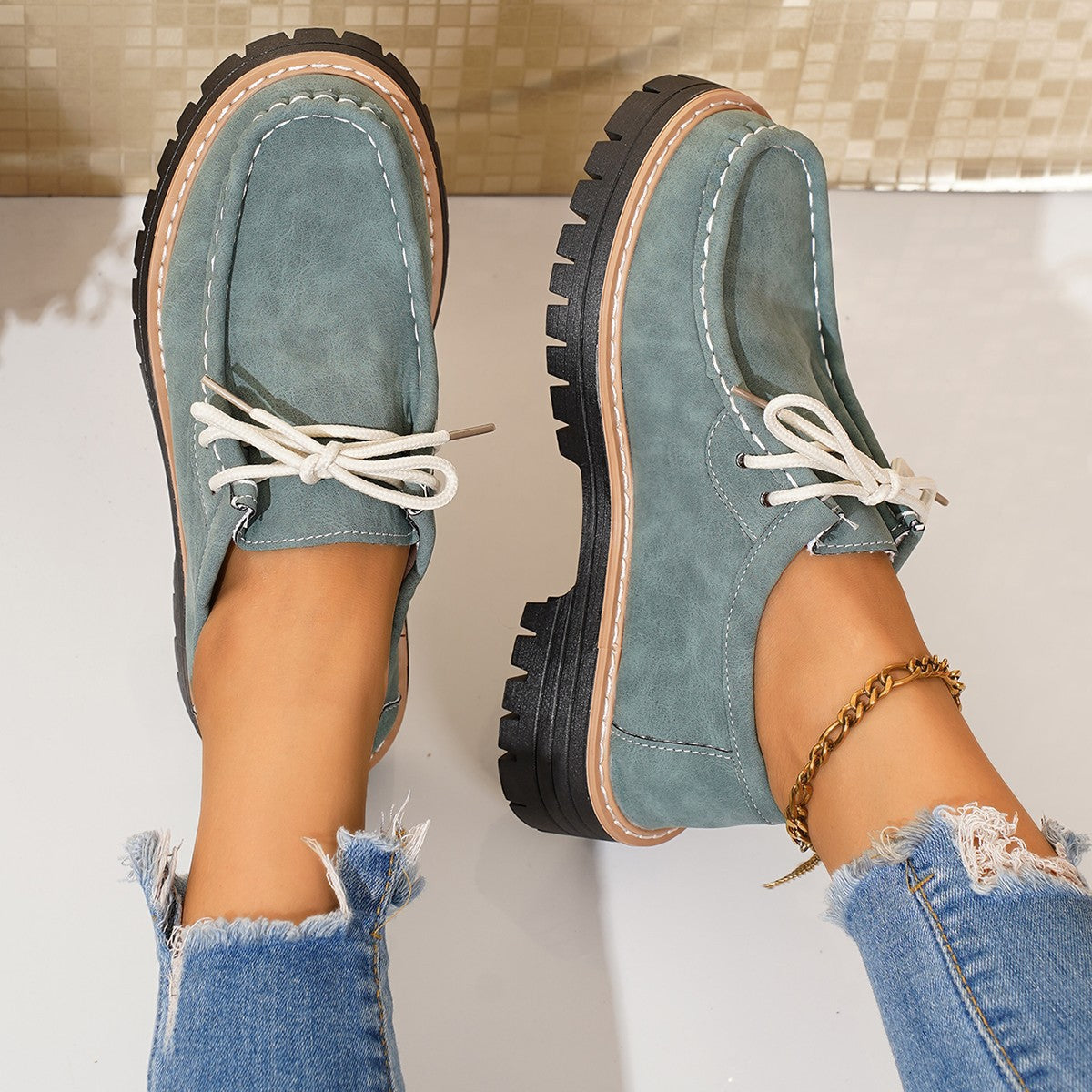 Damen Schnürschuhe Robustes Profil Feines Leder Schwarz