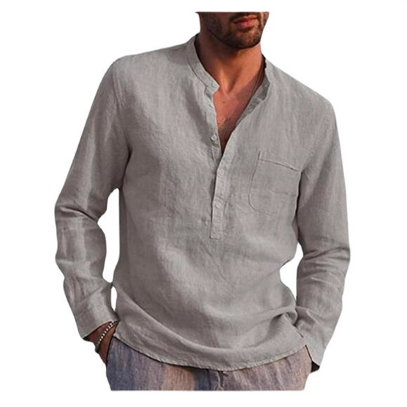 Herren Leinenhemd Modern mit Brusttasche und Henley Ausschnitt