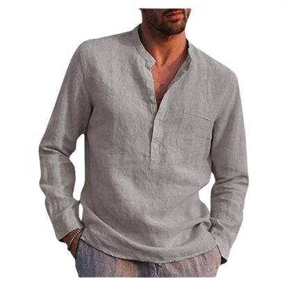 Herren Leinenhemd Modern mit Brusttasche und Henley Ausschnitt