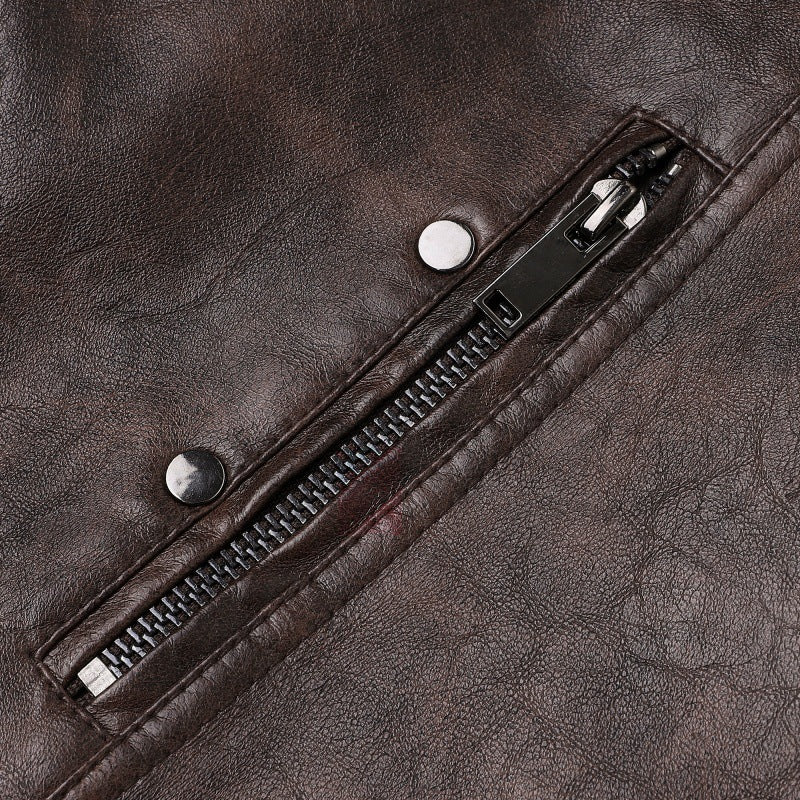 Herren Lederjacke Modisch Reißverschluss Taschen Schwarz