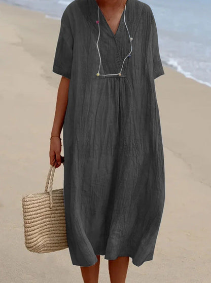 Damen Midi-Kleid Bequem V-Ausschnitt Kurzärmlig Sommerkleid