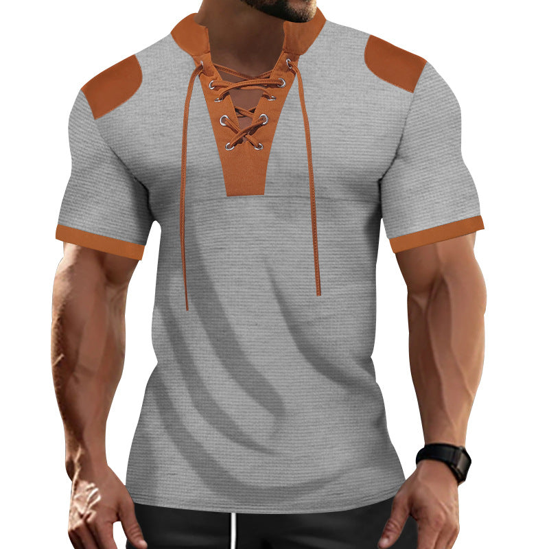 Herren Kurzarm Hemd Modern mit Schnürkragen und Kontrastfarben