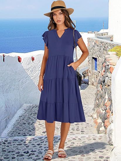 Damen Maxikleid mit Rüschendetails und Taschen Sommerkleid
