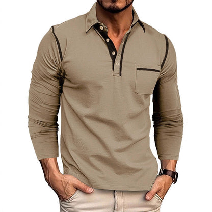 Herren Polohemd Langarm Modern mit Brusttasche und Kontraststreifen