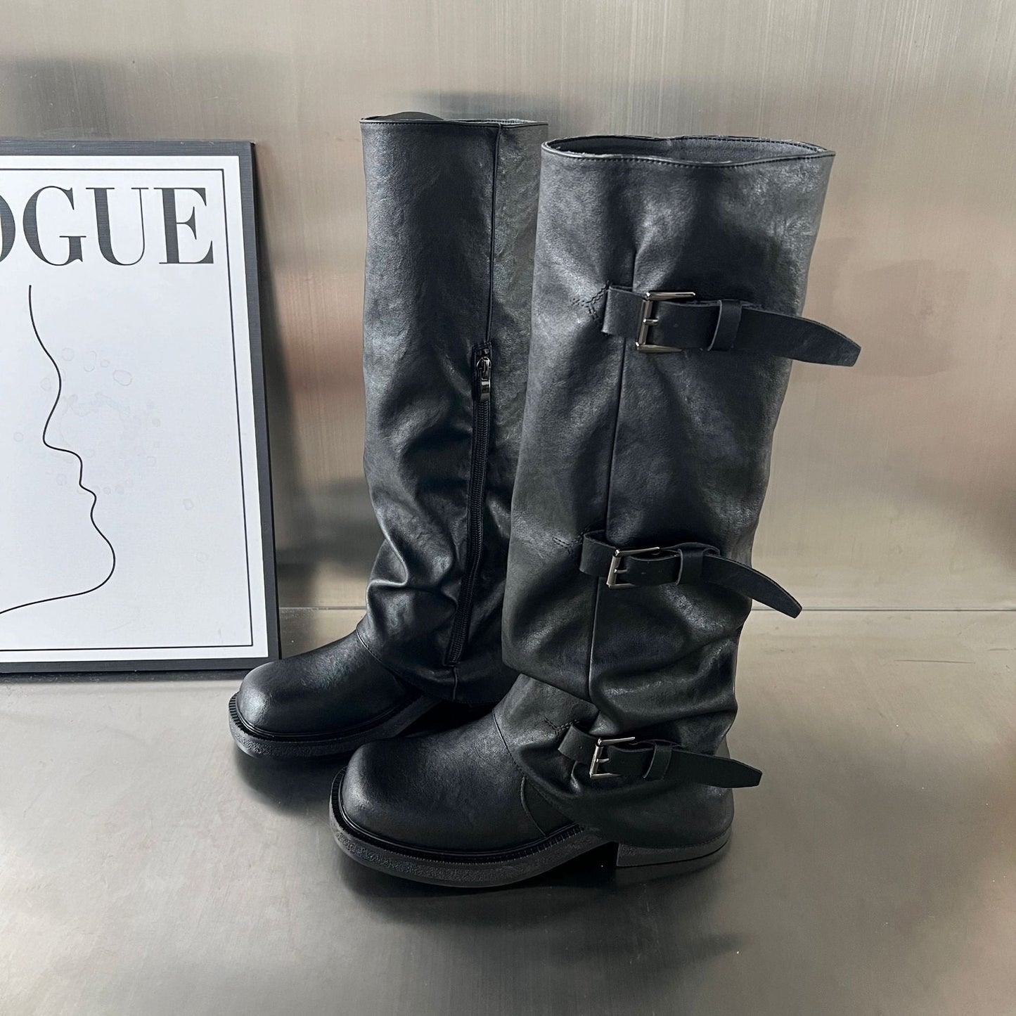 Damen Stiefel Robust mit verstellbaren Riemen Schwarz