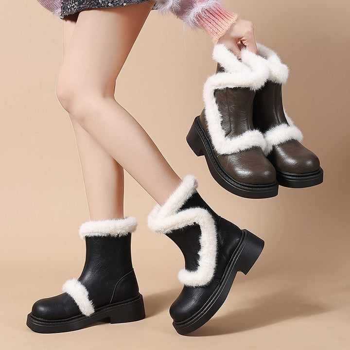 Damen Winterstiefel Luxus Kunstfell Kragen Schwarz Modern