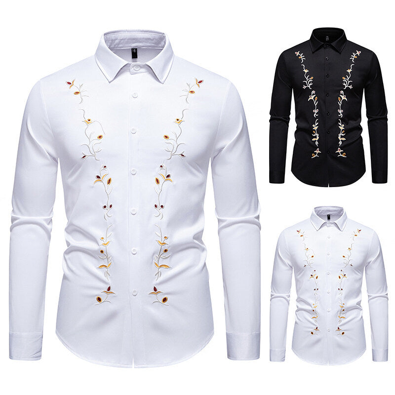 Herren Langarmhemd Modern mit Blumenstickerei