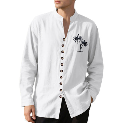 Herren Langarmhemd Palmen Motiv Knopfleiste Trendy