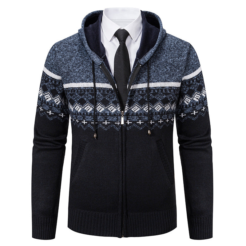Herren Strickjacke Kapuze Jacquard Muster Modern