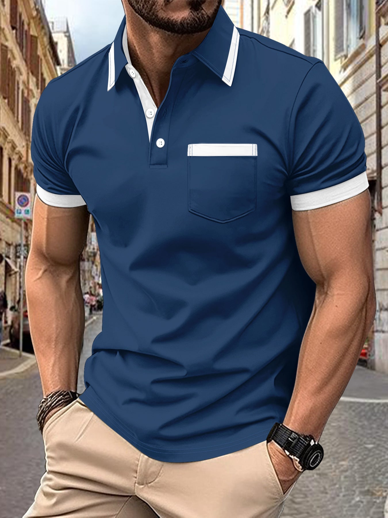 Herren Polohemd Kurzarm Modern Kontrast