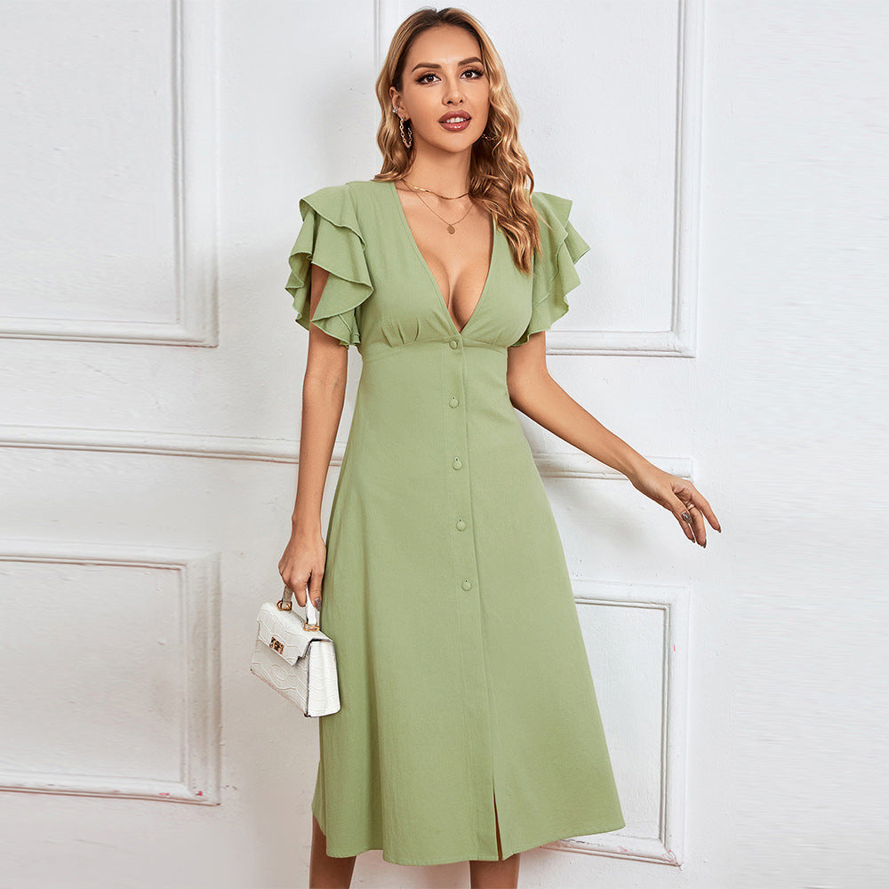 Damen Kleid V-Ausschnitt Rüschen Midikleid Elegant