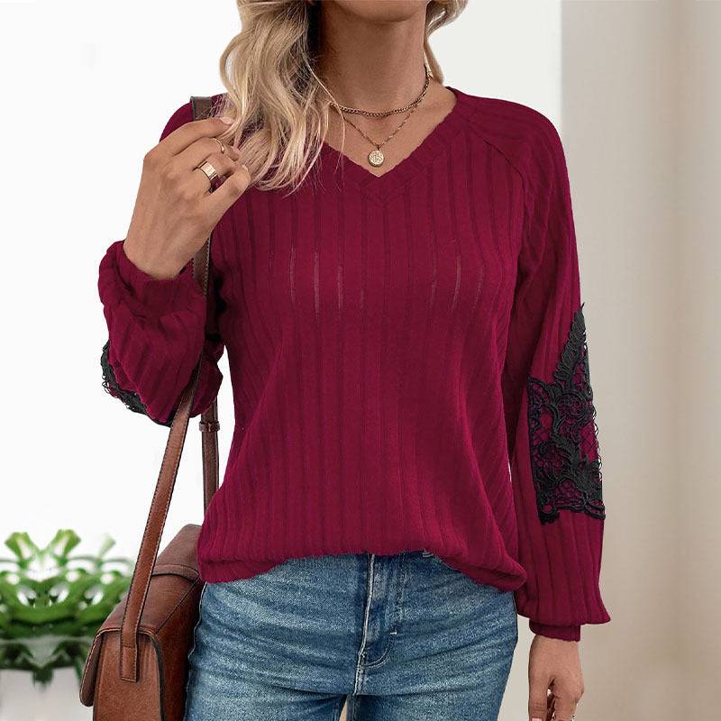Damen Pullover Langarm Spitze V-Ausschnitt Glamour