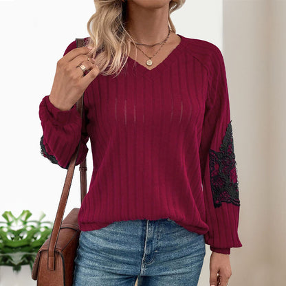 Damen Pullover Langarm Spitze V-Ausschnitt Glamour