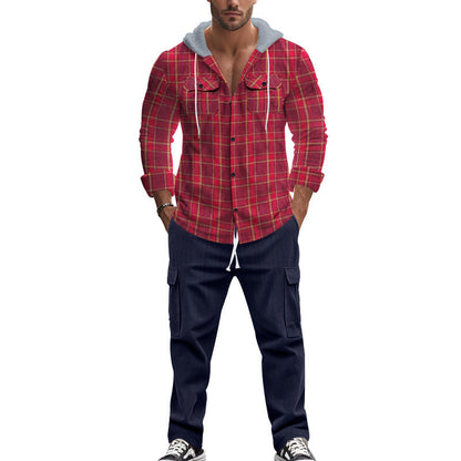 Herren Flanellhemd Kapuze Brusttaschen Warm