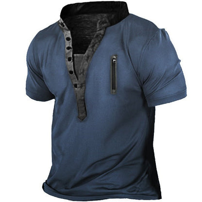Herren T-Shirt Kurzarm Stehkragen Reißverschluss Tasche Modern