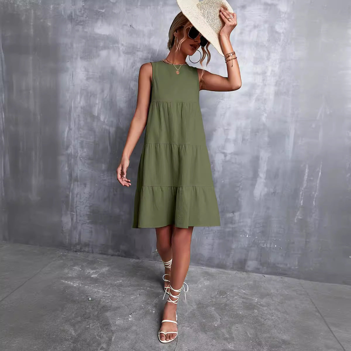 Sommerkleid Damen A-Linie Ärmellos Voluminöser Rock