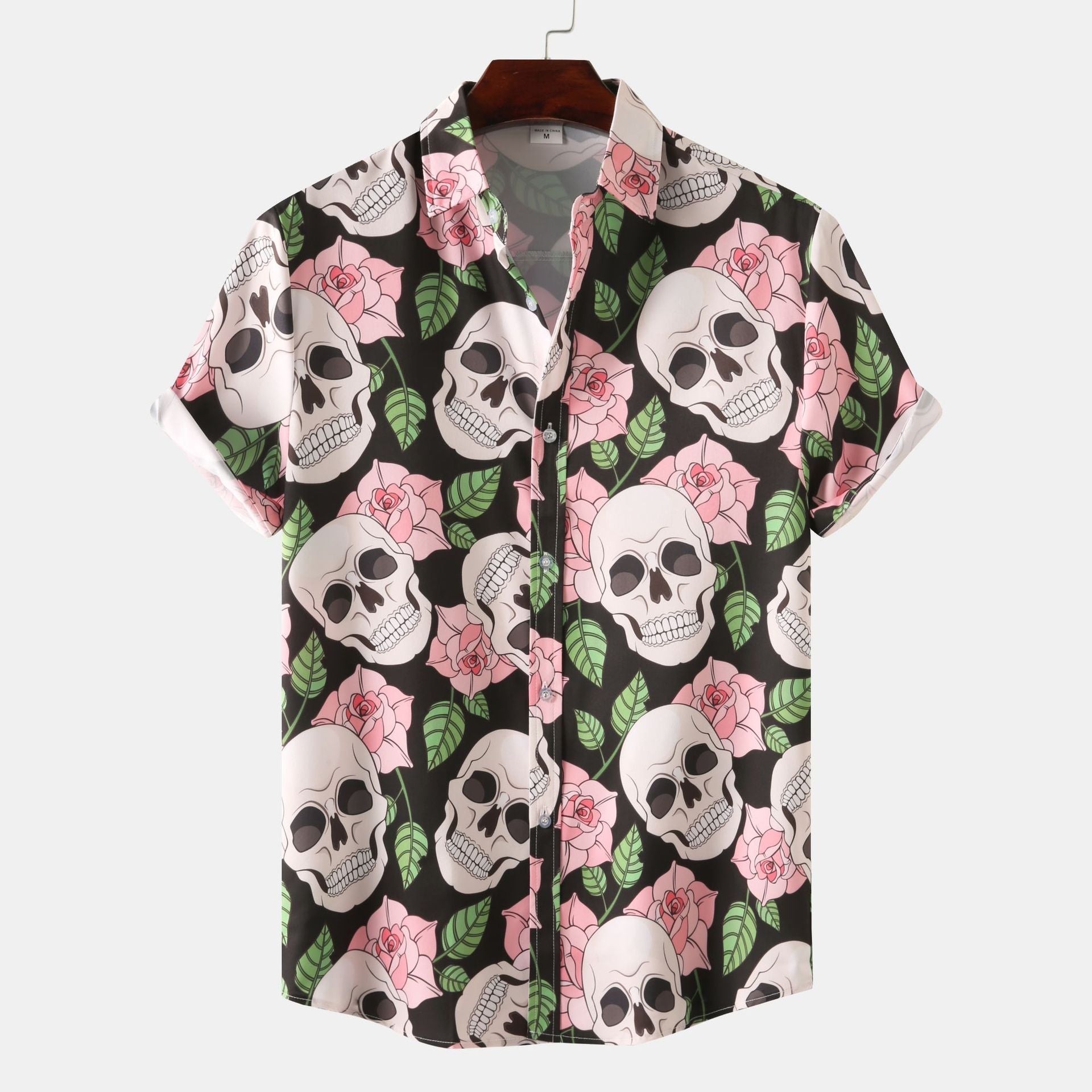 Herren Kurzarmhemd Totenkopf Blumen Muster Trendy - BerlinGlamour