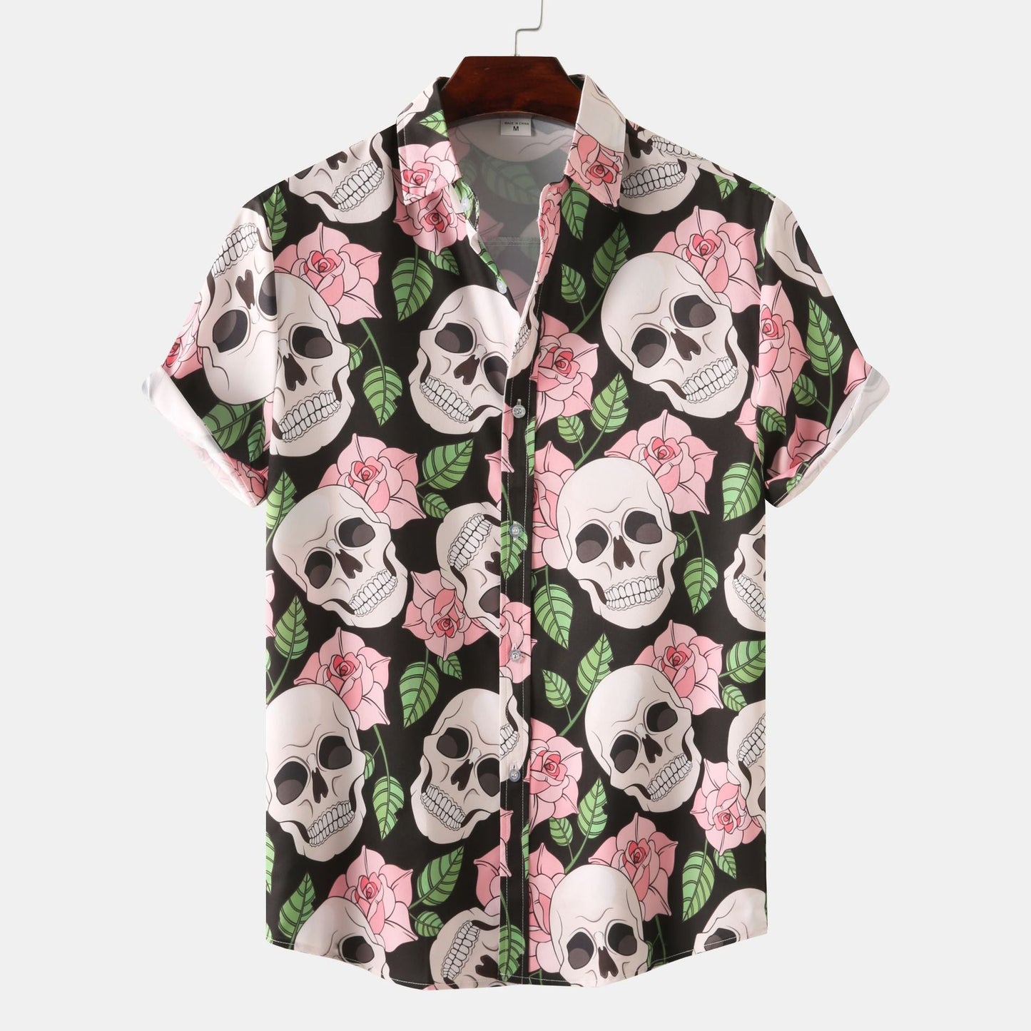Herren Hemd Kurzarm Totenkopf Blumenmuster trendy