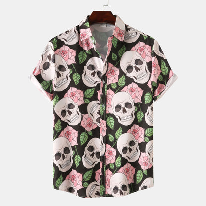 Herren Hemd Kurzarm Totenkopf Blumenmuster trendy