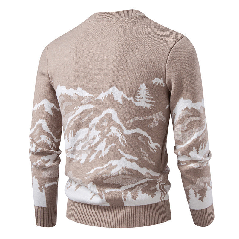 Herren Strickpullover Bergmotiv Hochkragen Winterwarm