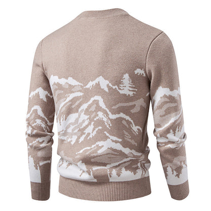 Herren Strickpullover Bergmotiv Hochkragen Winterwarm
