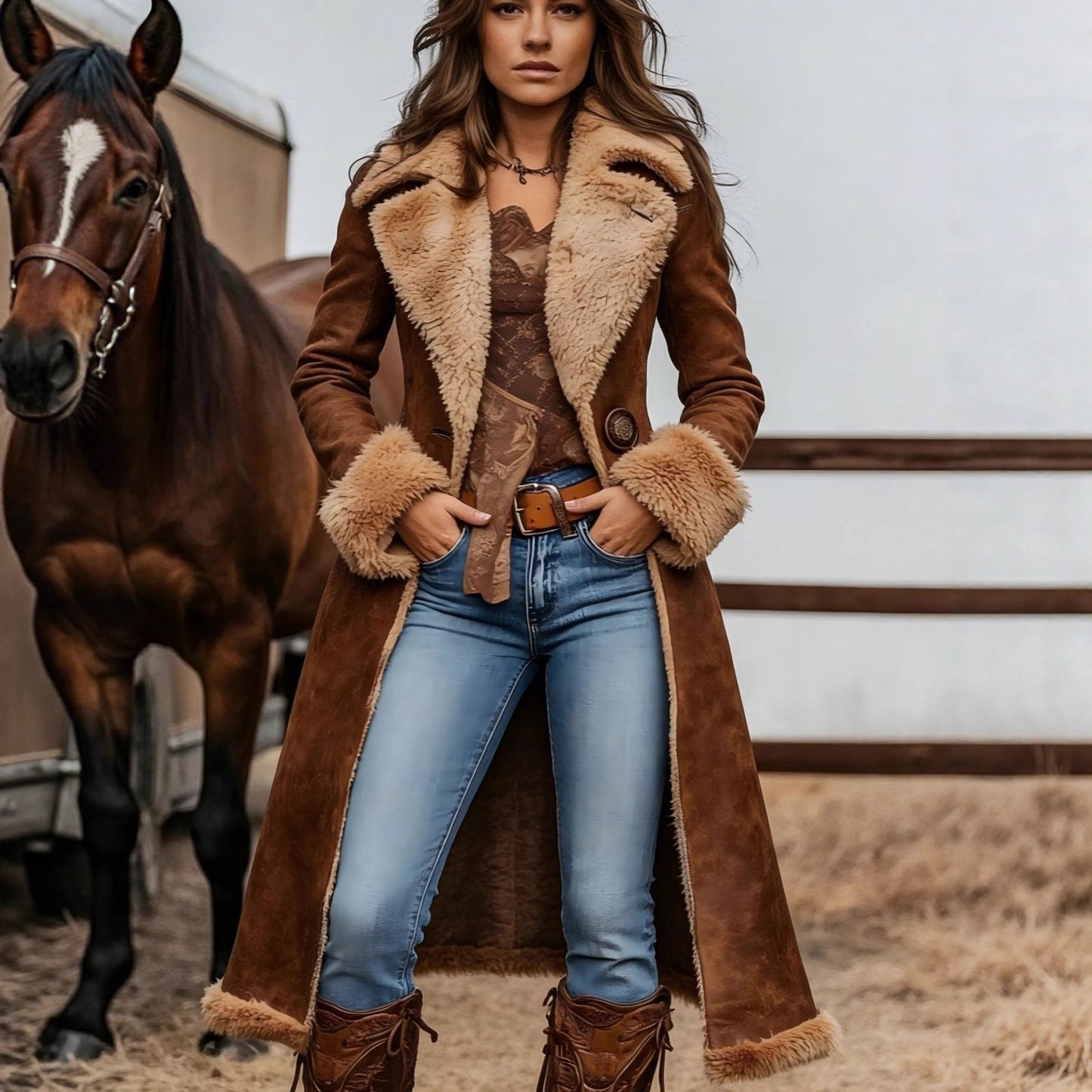 Damen Lammfell Jacke Breitkragen Warm und Stylish