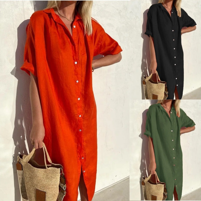 Langes BerlinGlamour Kleid aus Baumwolle und Leinen mit Taschen