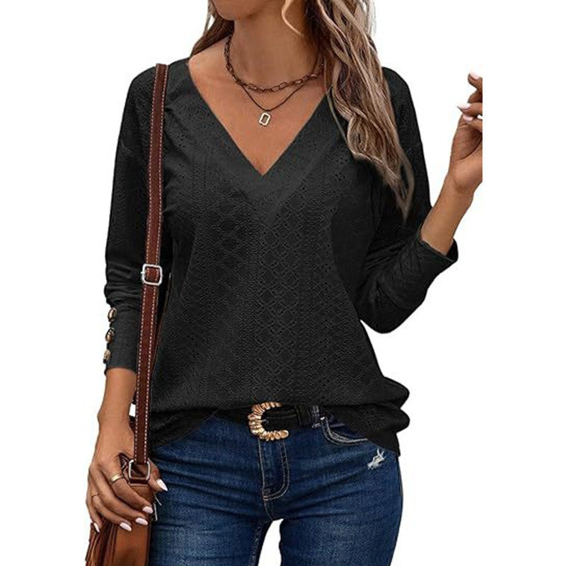 Damen Bluse V-Ausschnitt Langärmlig Gehäkelt Elegannt