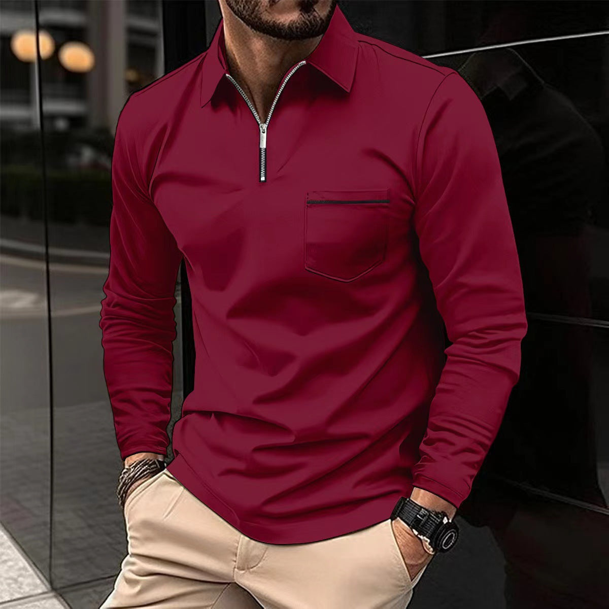 Herren Langarmshirt Reißverschluss Brusttasche Modern