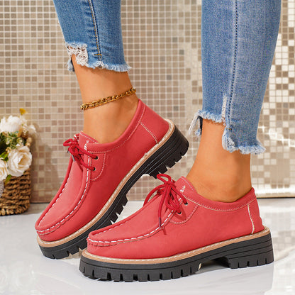 Damen Schnürschuhe Robustes Profil Feines Leder Schwarz