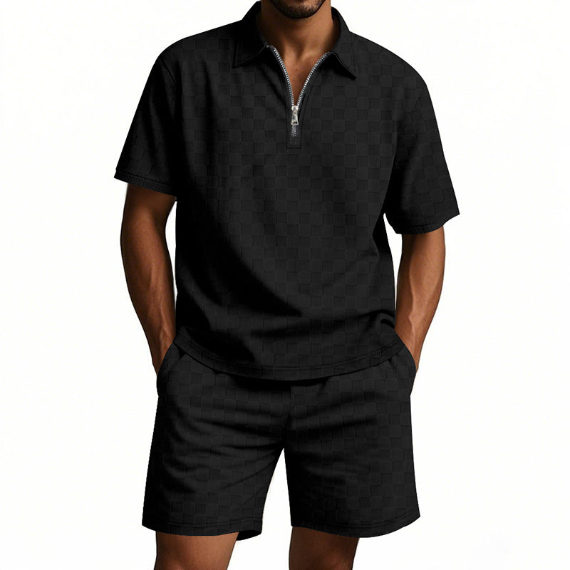 Herren Kurzarm Hemd mit Reißverschluss und Sport Shorts Sommer