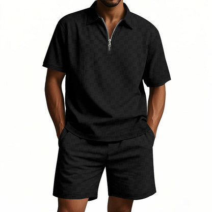 Herren Kurzarm Hemd mit Reißverschluss und Sport Shorts Sommer