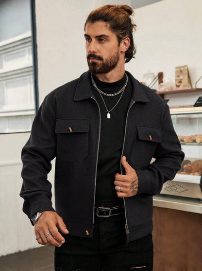 Herren Stadtjacke Modern Reißverschluss Mantel Schwarz