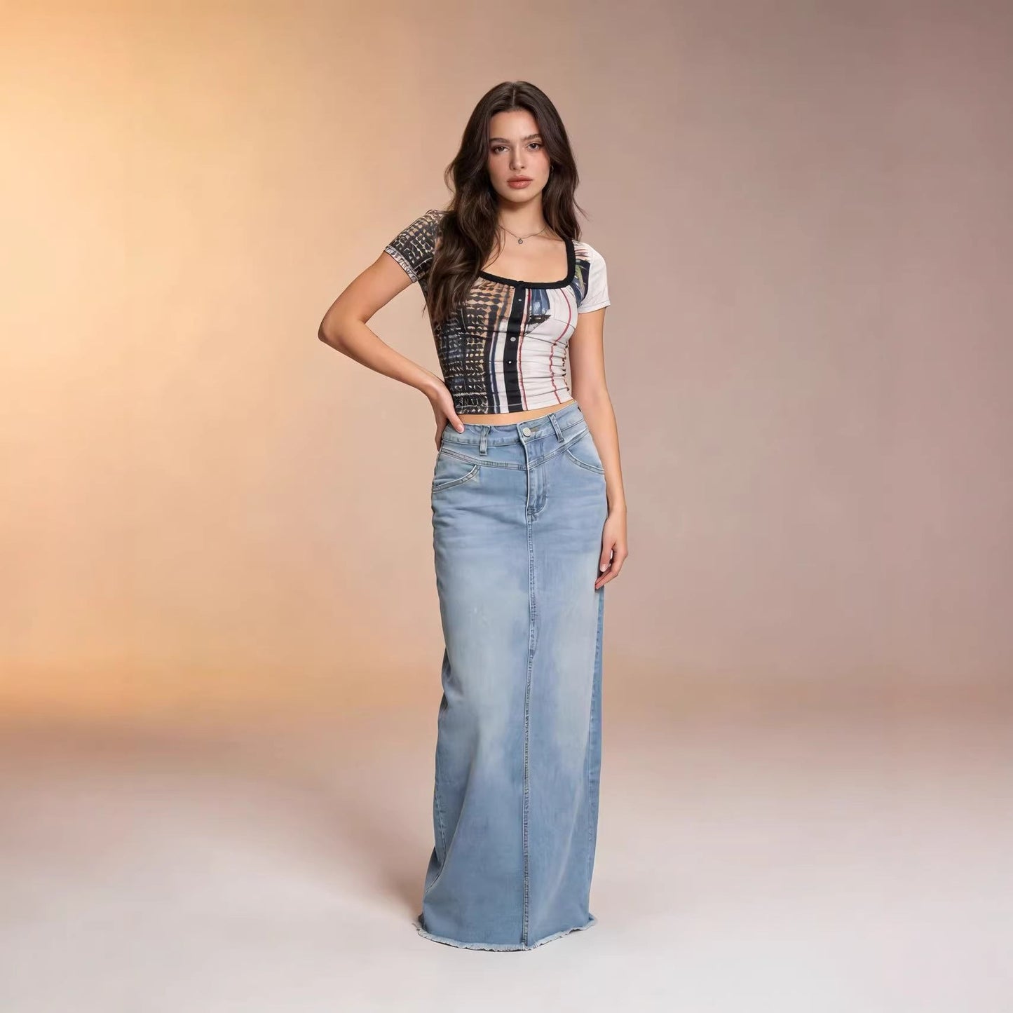 Damen Maxi-Rock Jeans Hochwerder mit Fransen