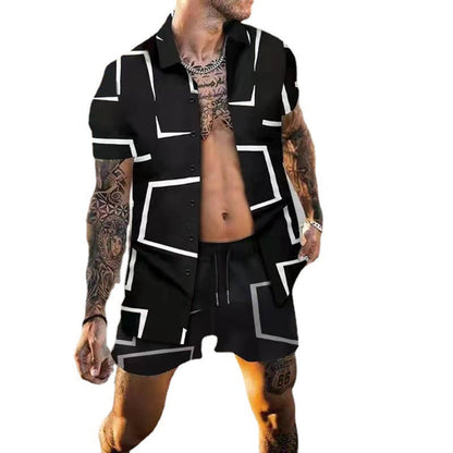 Herren Sommer Outfit Grafik Hemd Shorts Set Kurzarm Modern