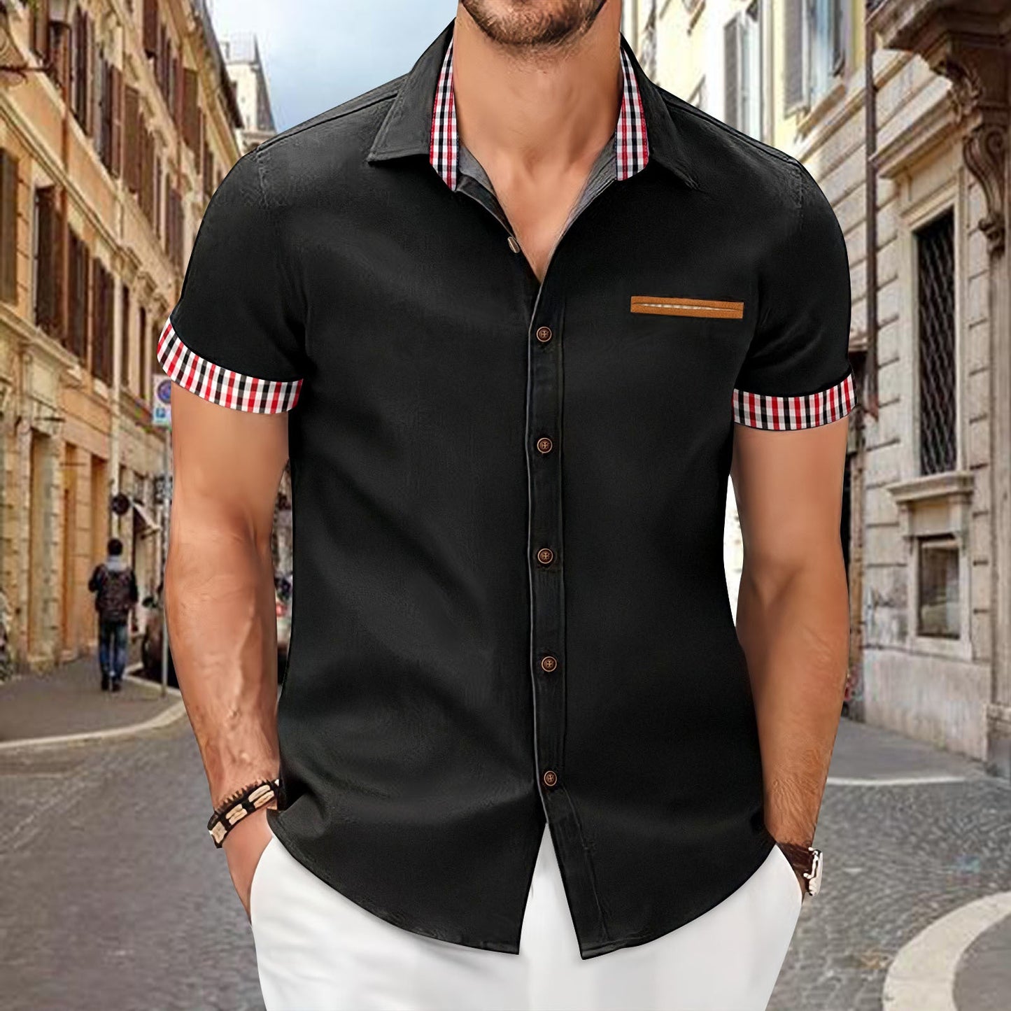 Herren Freizeithemd Kurzarm Modern Mit Kontrastdetails